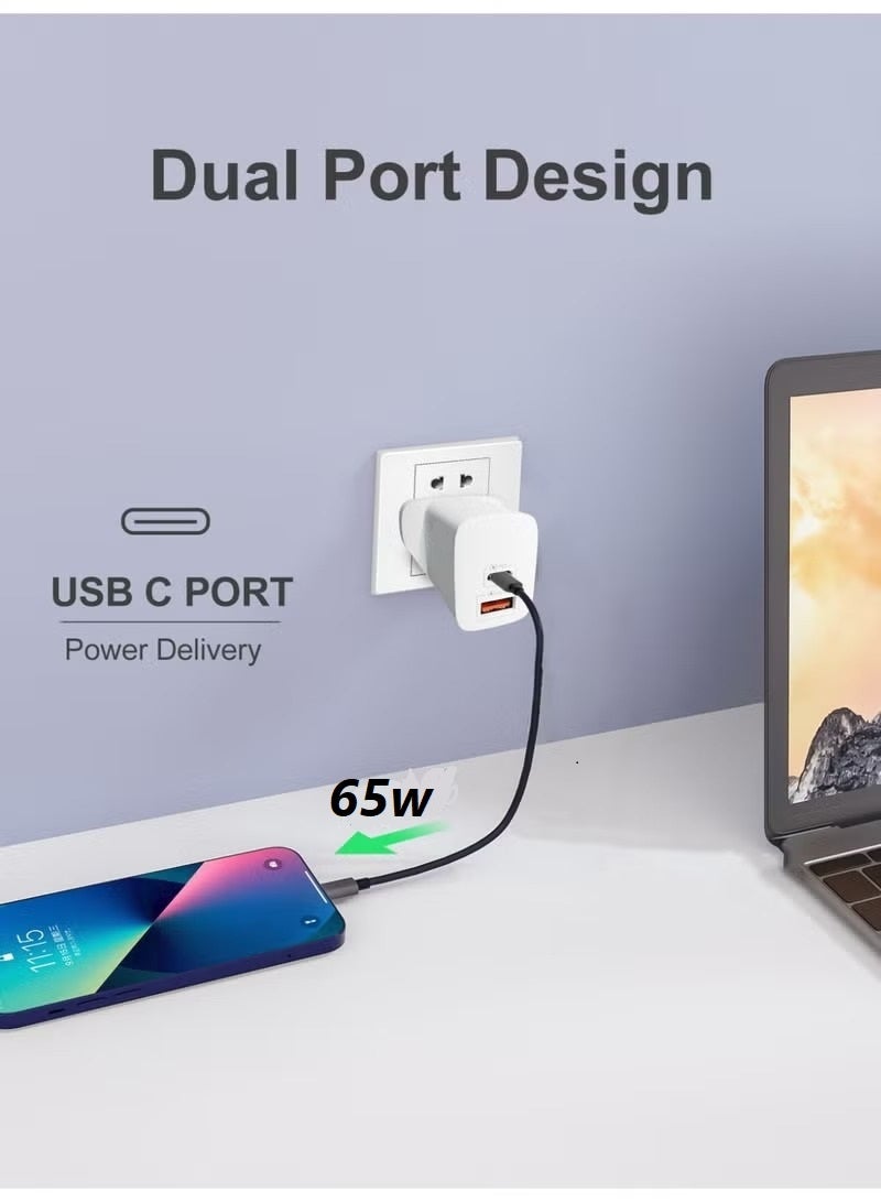 باور ماكس شاحن حائط صغير بتقنية GaN وقوة 65 واط، مزود بمنفذي USB-C وUSB-A، يدعم بروتوكولات الشحن السريع PD وQC؛ شاحن سفر مدمج وسريع. - Image 3