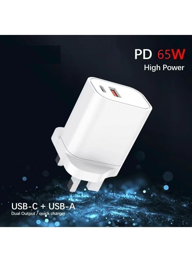 باور ماكس شاحن حائط صغير بتقنية GaN وقوة 65 واط، مزود بمنفذي USB-C وUSB-A، يدعم بروتوكولات الشحن السريع PD وQC؛ شاحن سفر مدمج وسريع. - Image 2
