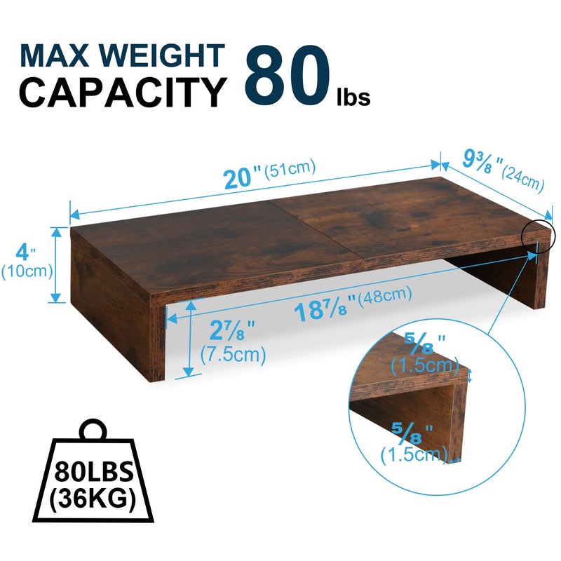 TEAMIX 20 Inch Monitor Stand Riser, Wooden Desktop Riser for TV/PC/Laptop/Printer, Rustic Brown Monitor Riser with Storage, Computer Stand Keyboard Organizer - Image 3