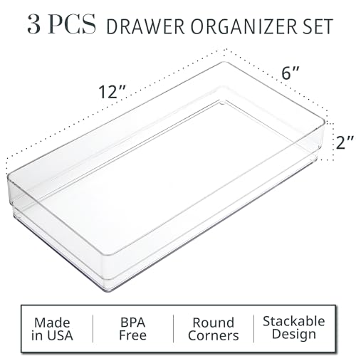 STORi SimpleSort 3-Piece Stackable Clear Drawer Organizer Set | 12" x 6" x 2" Rectangle Trays | Wide Makeup Vanity Storage Bins and Office Desk Drawer Dividers | Made in USA - Image 2