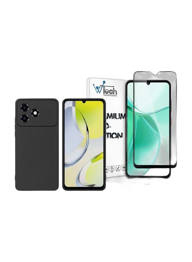 Wtech ZTE Blade A36 4G 2025 Premium Soft Liquid Silicone Case Cover (MCRPSN) - Black & ZTE Blade A35 4G 2024 / ZTE Blade A55 4G 2024 / ZTE Blade A36 4G 2025 / ZTE Blade A76 5G 2025 Premium E2E Series Full Glue Full Cover Tempered Glass Screen Protector (MSGECN) - Clear/Black Bundle - Image 1