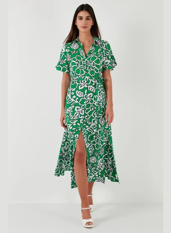 Lela Lela Patterned Slit Shirt Collar Maxi Dress Women's DRESS 611EL502