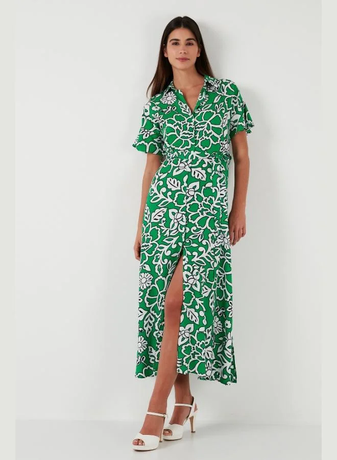Lela Lela Patterned Slit Shirt Collar Maxi Dress Women's DRESS 611EL502