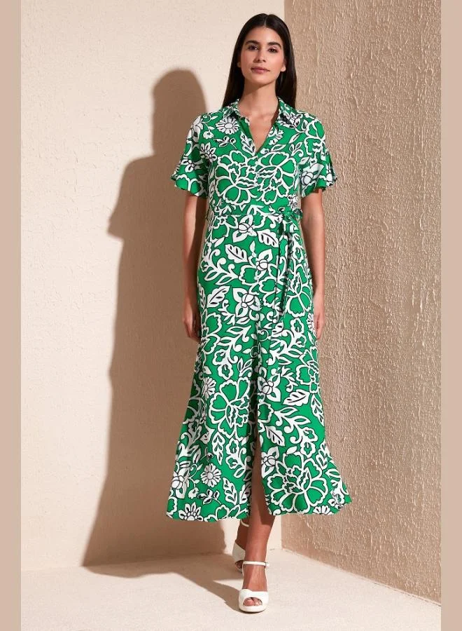 ليلا فستان ماكسي بياقة قميص مشقوق بنقشة ليلا للنساء