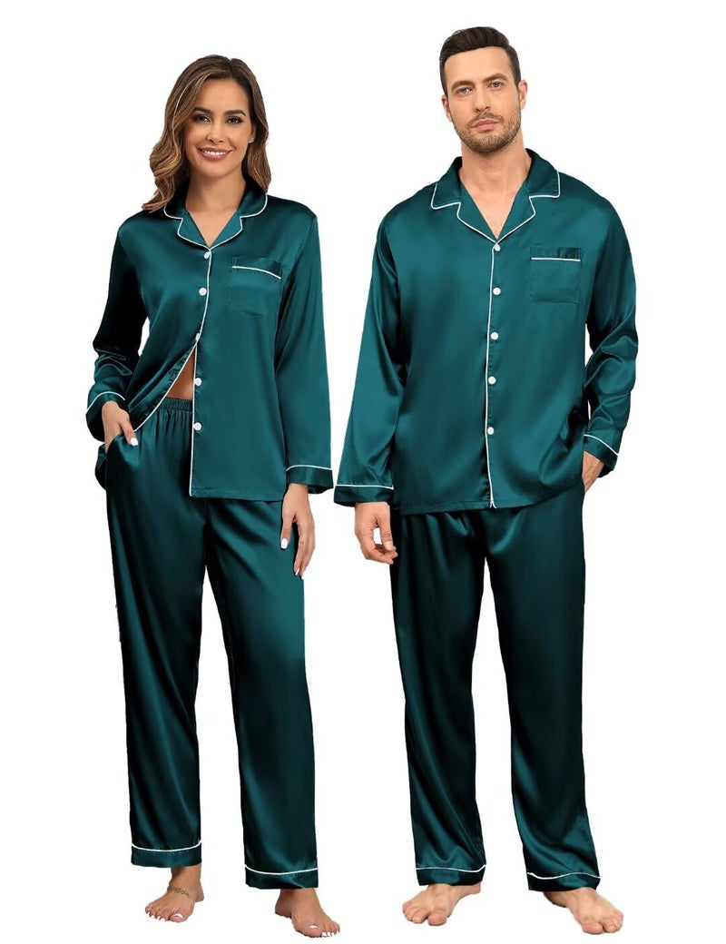 YOZLY Couple Matching Pajamas Set Satin Button Down Silky Sleepwear Long Sleeve Loungewear 2 Pcs Pj Set S-2XL with Pockets Men Deep Green X-Large - Image 1