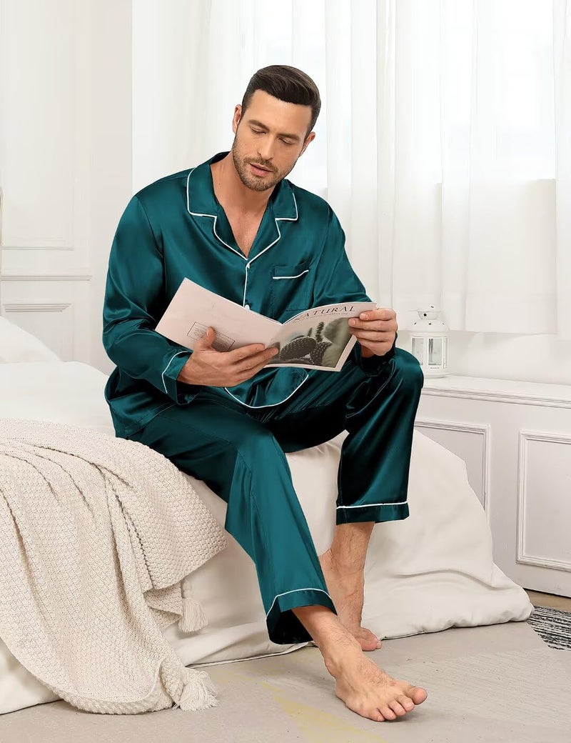 YOZLY Couple Matching Pajamas Set Satin Button Down Silky Sleepwear Long Sleeve Loungewear 2 Pcs Pj Set S-2XL with Pockets Men Deep Green X-Large - Image 4