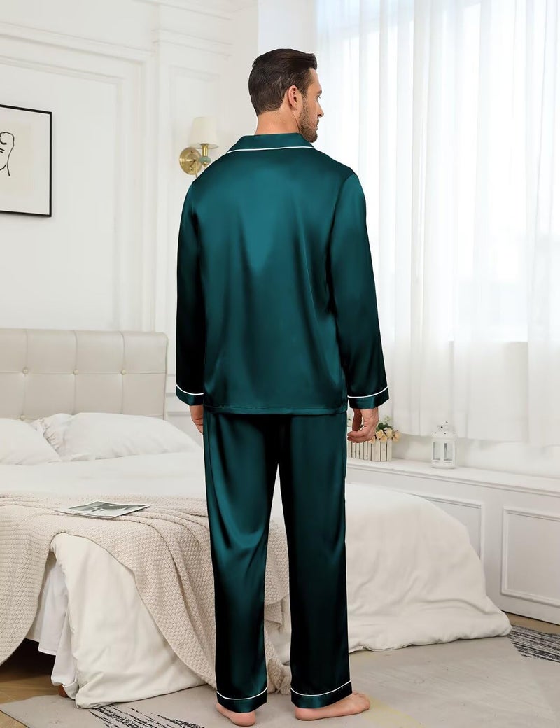 YOZLY Couple Matching Pajamas Set Satin Button Down Silky Sleepwear Long Sleeve Loungewear 2 Pcs Pj Set S-2XL with Pockets Men Deep Green X-Large - Image 5