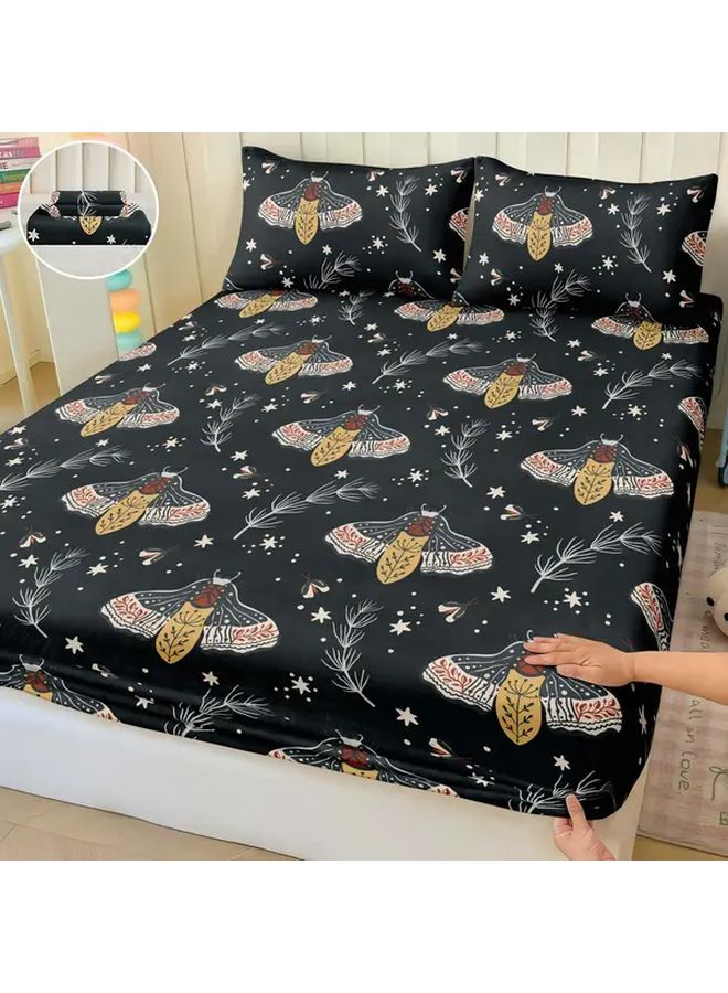 Queen Size Polychrome Black Forest Moth Print Fitted Sheet Set With Pillowcases - Image 1