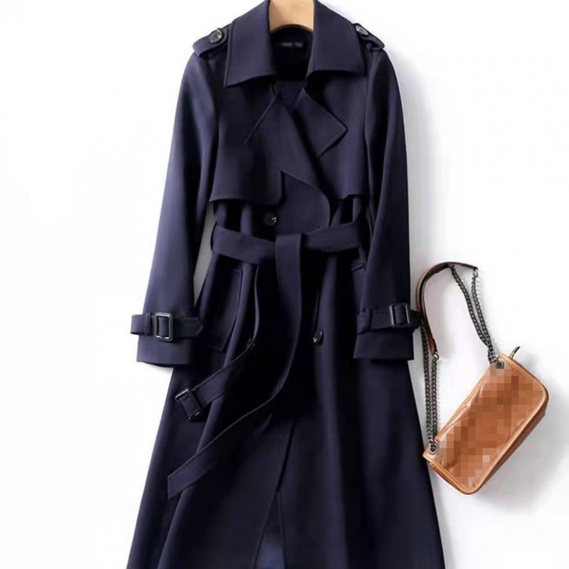 DD Windbreaker Womens Mid-length 2025 Spring and Autumn New Korean Style plus size Small Popular British Style Coat Over the Knee Navy blue natural color lining 