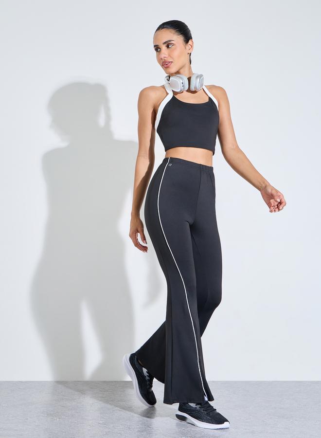 Styli Active Black Solid Contrast Seam Active Flare Pants - Image 2