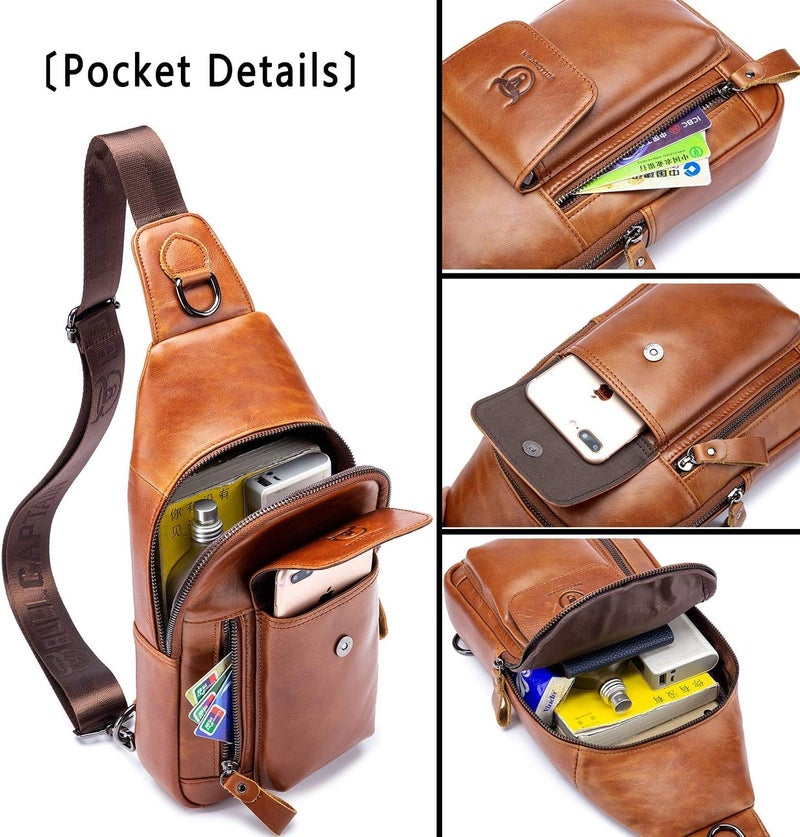 BULLCAPTAIN Mens Leather Crossbody Bag Shoulder Sling Bag Casual Daypacks Chest Bags for Travel Hiking Backpacks - Image 5