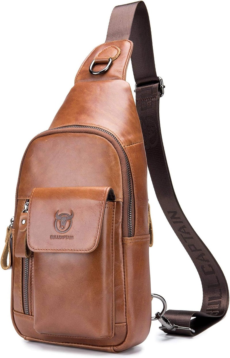 BULLCAPTAIN Mens Leather Crossbody Bag Shoulder Sling Bag Casual Daypacks Chest Bags for Travel Hiking Backpacks - Image 1