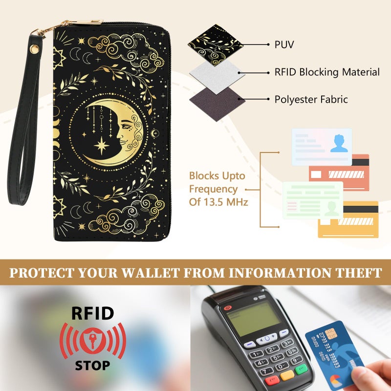 Vorruil Gothic Womens Wallet, Goth Witchy RFID Blocking Wristlet Wallets for Women, Moon Ladies Purse with Zip Credit Card Holder and 10 Card Slots & ID Window, Large Capacity Tarots Women's Clutch Organizer - Image 4