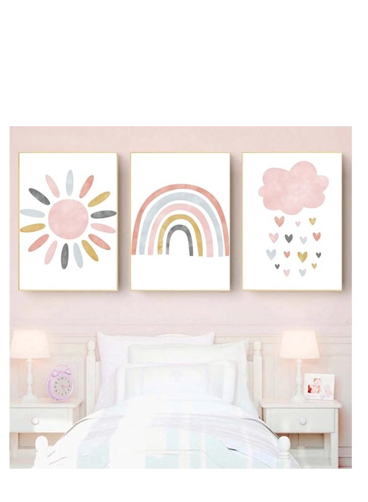 Today Idea Nursery Wall Prints Pink Sunshine Rainbow Cloud Canvas Wall Art, Child Wall Art Poster Boho Nordic Wall Pictures for Girls Baby Kids Room Decor Unframed - Image 1