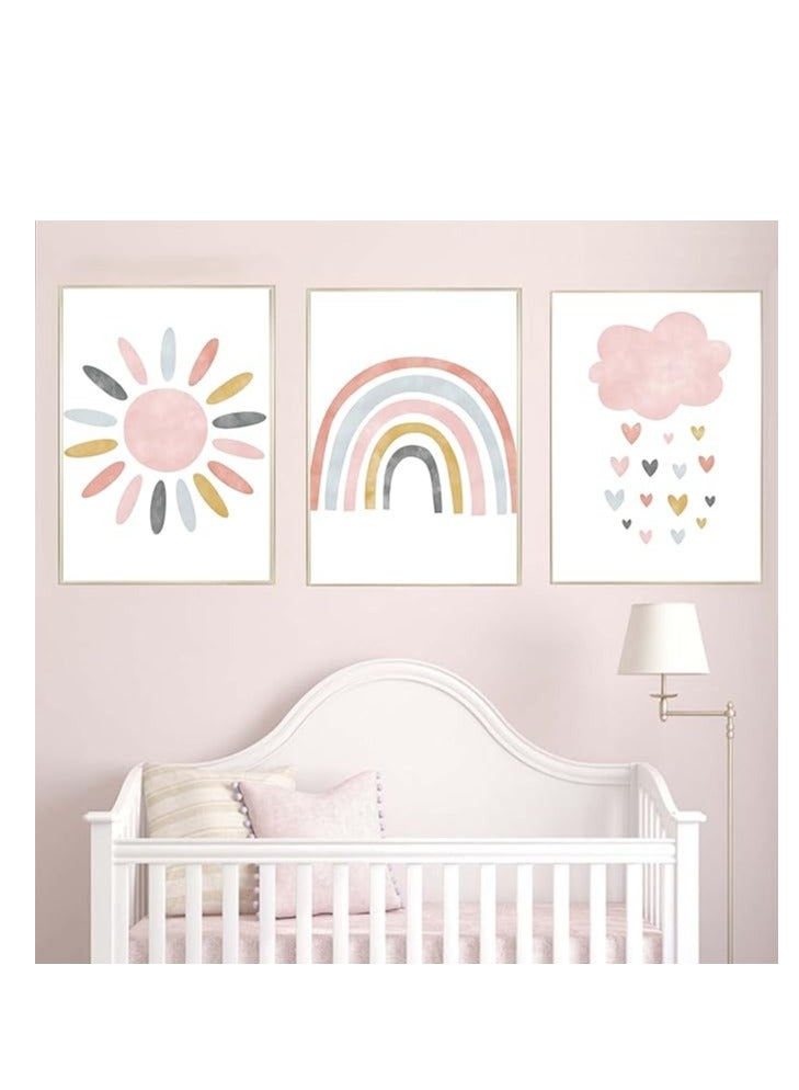 Today Idea Nursery Wall Prints Pink Sunshine Rainbow Cloud Canvas Wall Art, Child Wall Art Poster Boho Nordic Wall Pictures for Girls Baby Kids Room Decor Unframed - Image 2