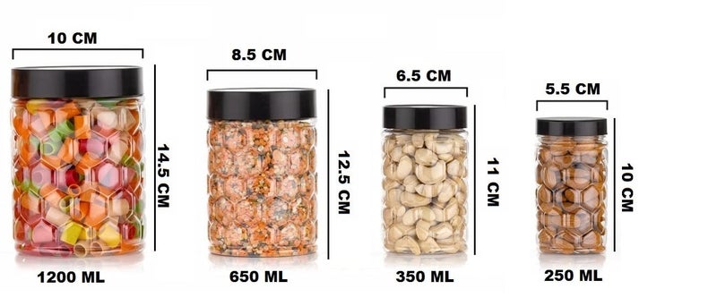 Tosaa Plastic Pet Storage Jar and Container Set of 24 (120ml, 350ml, 650ml, 1.20L) - Black, Air Tight, Kitchen Organizer, BPA Free, Stackable - Image 2