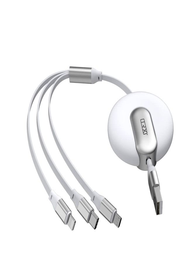 TRX TRAVELSTYLE Multi USB Charging Cable Retractable 3-in-1 Multi-USB Fast Charger Cable 4ft/1.2m, for Lightning, Micro-USB Type-C Compatible Phone, Tablet iPad Smartphone, Universal Use, White Colour - Image 1