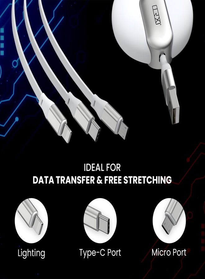 TRX TRAVELSTYLE Multi USB Charging Cable Retractable 3-in-1 Multi-USB Fast Charger Cable 4ft/1.2m, for Lightning, Micro-USB Type-C Compatible Phone, Tablet iPad Smartphone, Universal Use, White Colour - Image 3