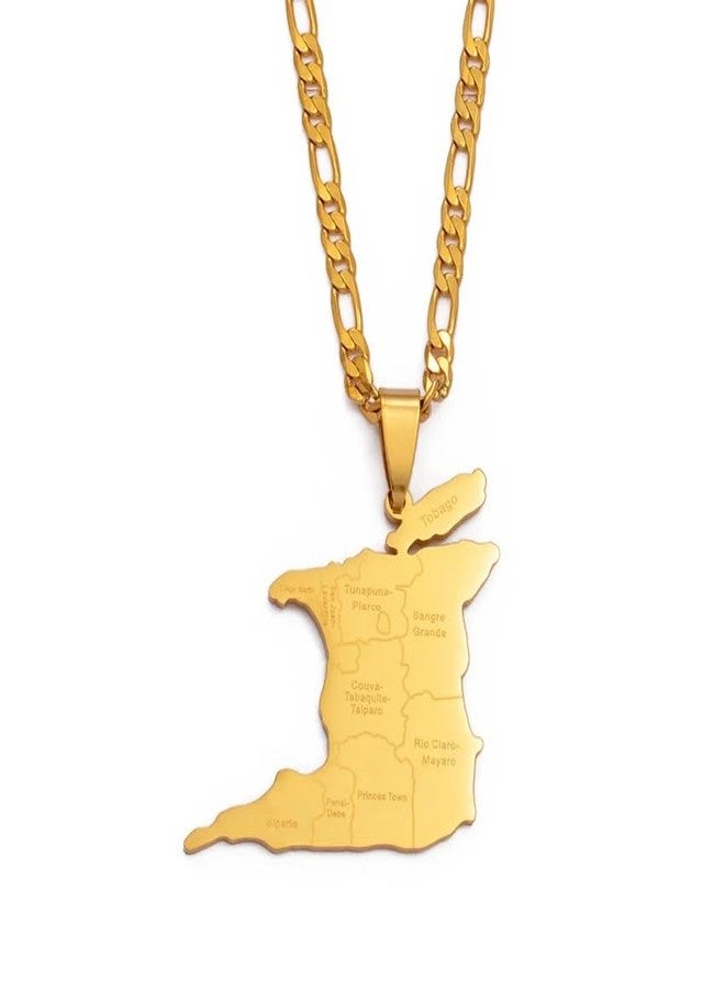 14K Yellow Gold Big Trinidad & Tobago Map Pendant Necklace For Women Men - Ethnic City And Tobago Necklace Country Map Pendant Charm Jewelry Gifts For Women Men - Image 1