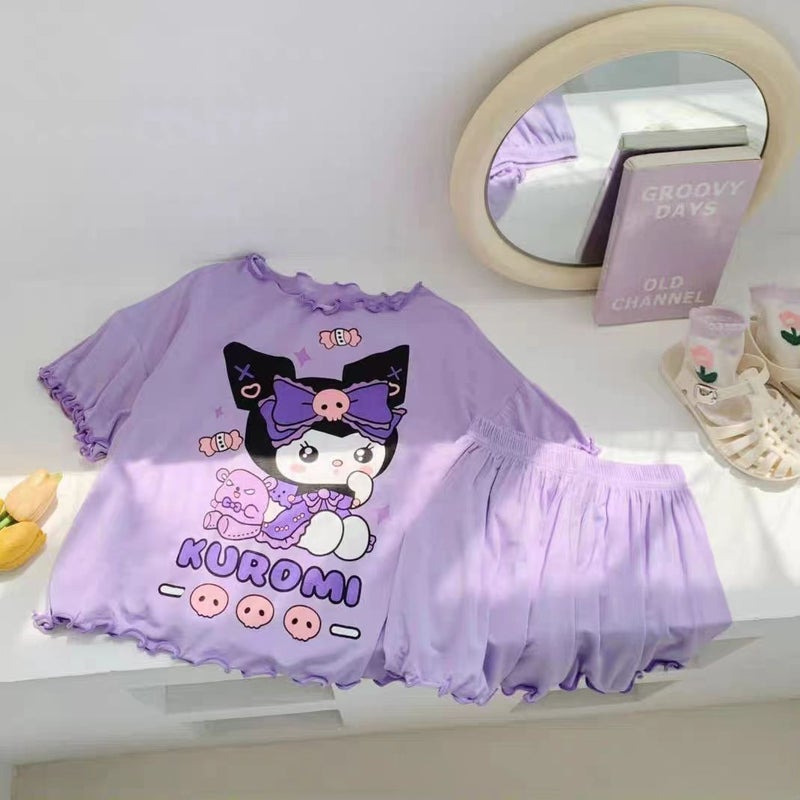 2024 Pajamas Summer New Short-sleeved Shorts Girls Kulomi Small Middle-aged Childrens Little Girl Baby Home Clothes suit 833 # [purple suit] 