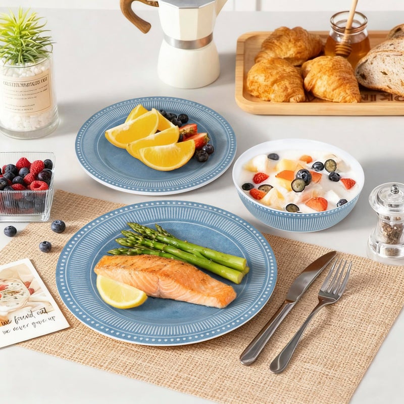 AELS Melamine Dinnerware Set of 12 Pcs, Dinner Dishes Set for Indoor and Outdoor Use, Melamine Plates and Bowls Set for 4, Dishwasher Safe, Lightweight Unbreakable, BPA Free, Blue - Image 4