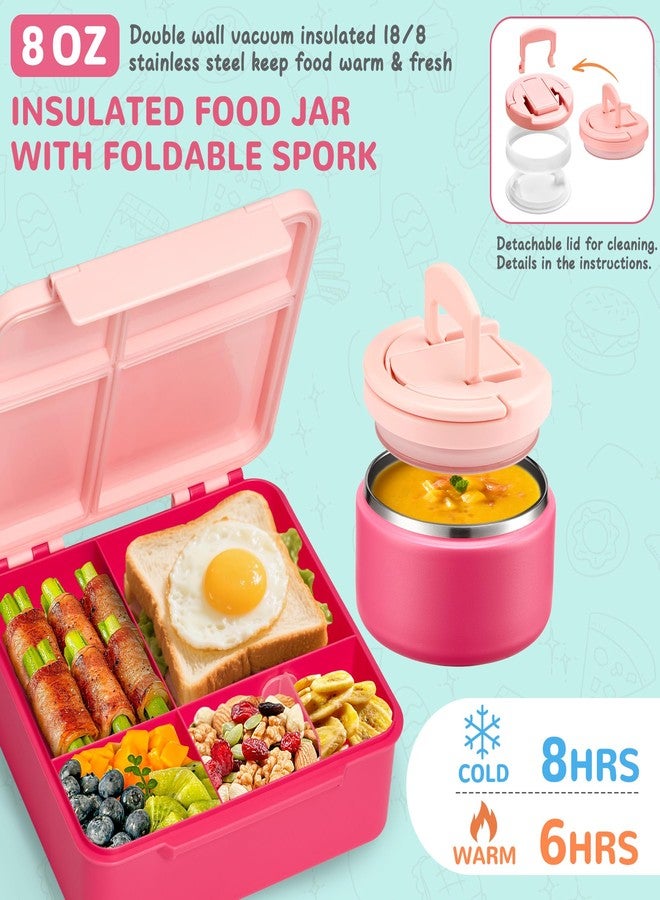 MAXSO Bento Lunch Box Set with 8 oz Soup Thermo, Kids Leakproof 4 Compartments Hot Food Container with Sauce Cup, Ice Pack and Lunch Bag, Child Insulated Food Jar for School - Pink - Image 3