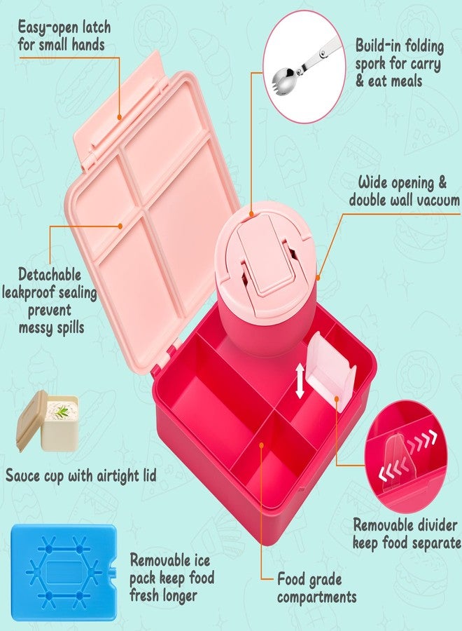 MAXSO Bento Lunch Box Set with 8 oz Soup Thermo, Kids Leakproof 4 Compartments Hot Food Container with Sauce Cup, Ice Pack and Lunch Bag, Child Insulated Food Jar for School - Pink - Image 2