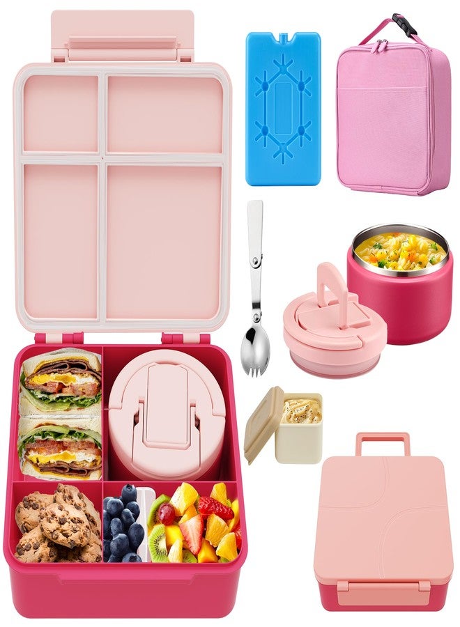 MAXSO Bento Lunch Box Set with 8 oz Soup Thermo, Kids Leakproof 4 Compartments Hot Food Container with Sauce Cup, Ice Pack and Lunch Bag, Child Insulated Food Jar for School - Pink - Image 1