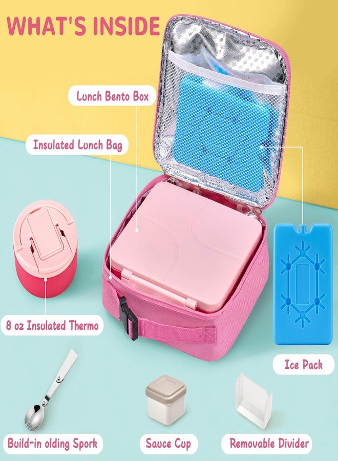 MAXSO Bento Lunch Box Set with 8 oz Soup Thermo, Kids Leakproof 4 Compartments Hot Food Container with Sauce Cup, Ice Pack and Lunch Bag, Child Insulated Food Jar for School - Pink - Image 4
