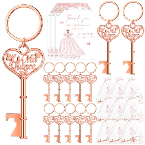Aurelema 50 Sets Quinceanera Party Favors for Guests Butterfly Bottle Opener Keychain Thank You Tag Organza Bag Sweet 15 Years Quinceanera Gifts for Birthday Party Supplies (Rose Gold) - Image 1