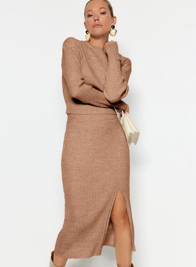 trendyol Camel Knitwear Crop Skirt Set - Image 2
