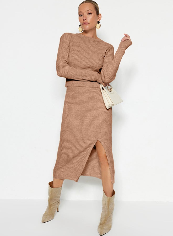 trendyol Camel Knitwear Crop Skirt Set - Image 1