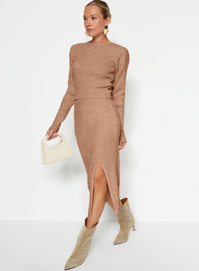 trendyol Camel Knitwear Crop Skirt Set - Image 3