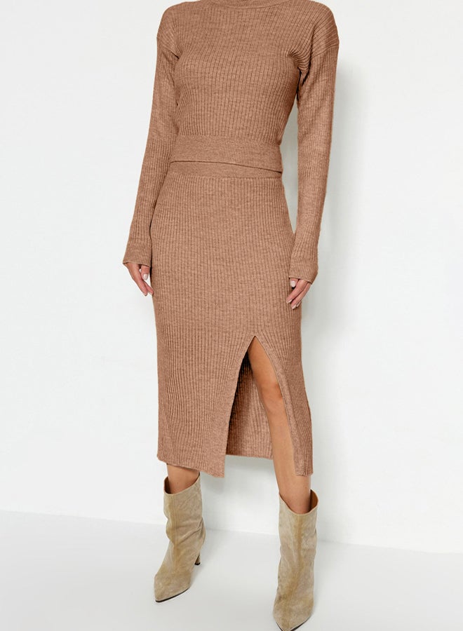 trendyol Camel Knitwear Crop Skirt Set - Image 4