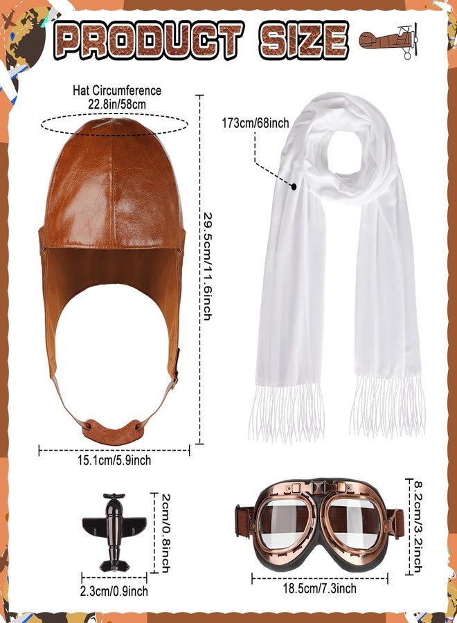 Acekar 4Pcs Aviator Costume Accessories,Aviator Hat With Goggles White Scarf Brooch,Pilot Cap for Adults Halloween Party (Brown) - Image 2