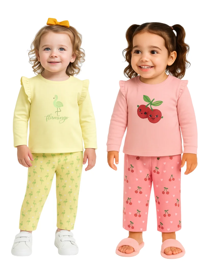 لؤي لؤي® طقم كومبو مطبوع من القطن بنسبة 100% | أزياء فائقة النعومة، أنيقة وراقية | تيشيرت بأكمام طويلة وبنطال مريح - أصفر ناعم ووردي.