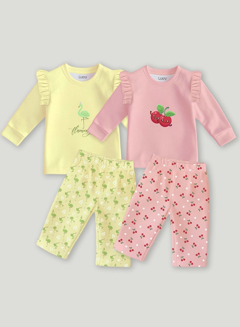 لؤي® طقم كومبو مطبوع من القطن بنسبة 100% | أزياء فائقة النعومة، أنيقة وراقية | تيشيرت بأكمام طويلة وبنطال مريح - أصفر ناعم ووردي. - Image 4