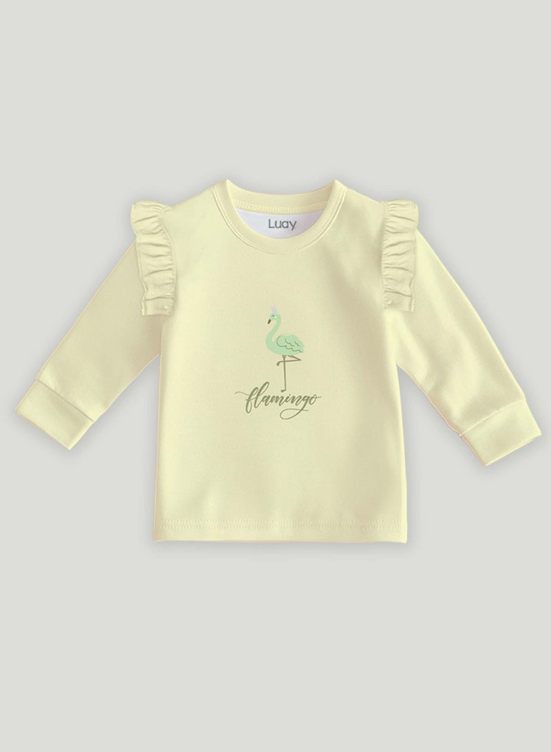 لؤي® طقم كومبو مطبوع من القطن بنسبة 100% | أزياء فائقة النعومة، أنيقة وراقية | تيشيرت بأكمام طويلة وبنطال مريح - أصفر ناعم ووردي. - Image 2