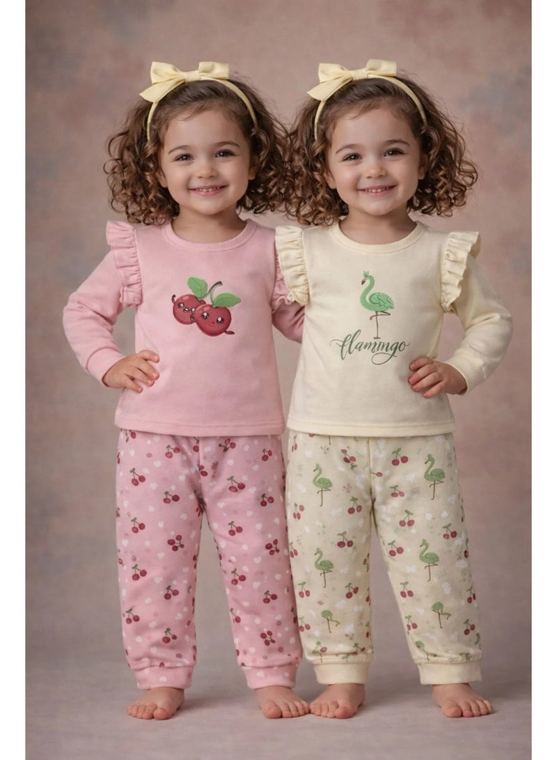 لؤي® طقم كومبو مطبوع من القطن بنسبة 100% | أزياء فائقة النعومة، أنيقة وراقية | تيشيرت بأكمام طويلة وبنطال مريح - أصفر ناعم ووردي. - Image 1