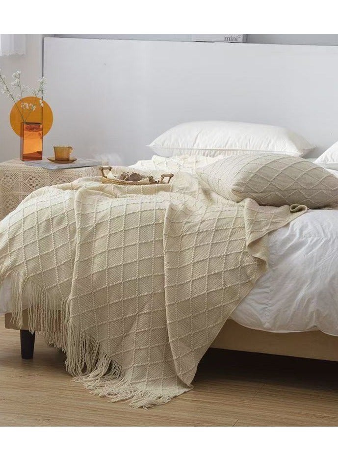 Tassel Design Soft Blanket Keep Warm Cotton Khaki 130 x 170cm - Image 4