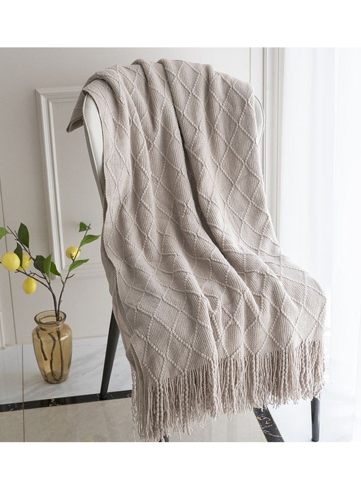 Tassel Design Soft Blanket Keep Warm Cotton Khaki 130 x 170cm - Image 5