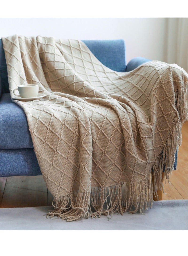 Tassel Design Soft Blanket Keep Warm Cotton Khaki 130 x 170cm - Image 3