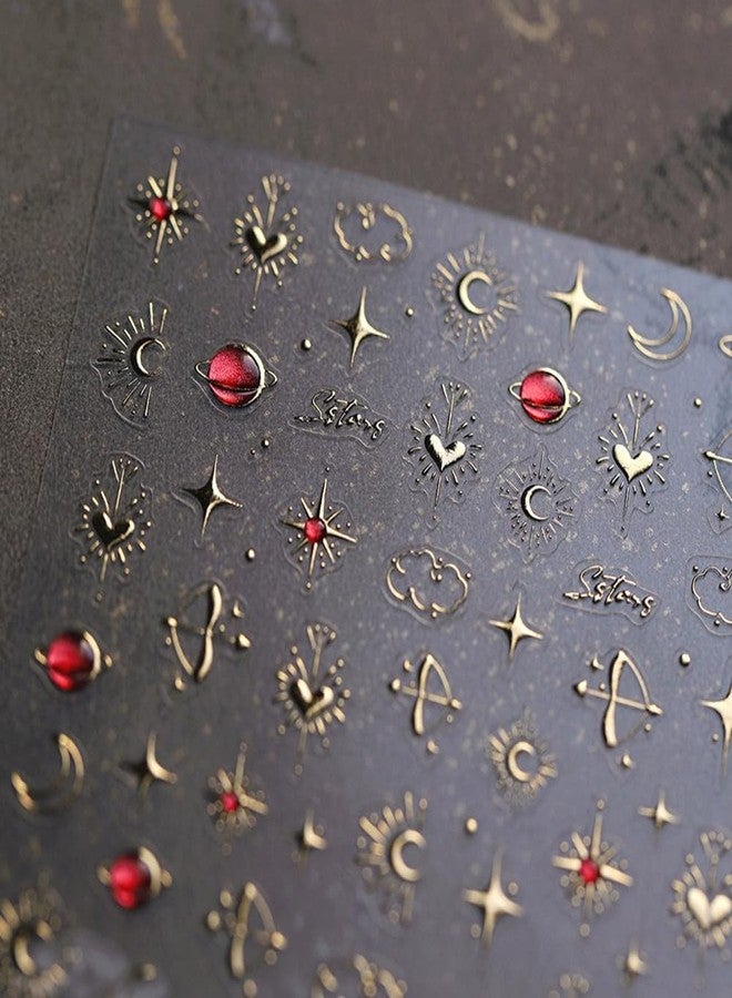 LIFOOST Moon Star Nail Art Stickers 3D Gold Bronzing Planets Heart Nail Stickers for Nail Art, Self-Adhesive Luxury Nail Decals for Women Girls Nail Design, Manicure Decoration - Image 1