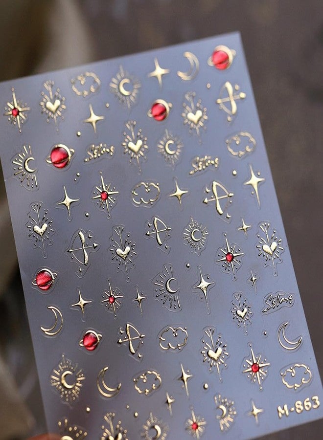 LIFOOST Moon Star Nail Art Stickers 3D Gold Bronzing Planets Heart Nail Stickers for Nail Art, Self-Adhesive Luxury Nail Decals for Women Girls Nail Design, Manicure Decoration - Image 3