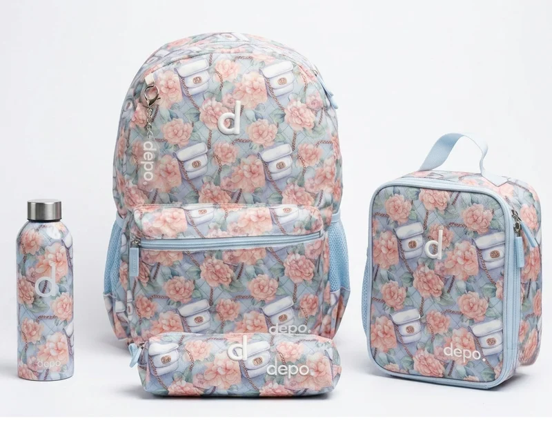 Depo 4-Piece School Backpack Set for Girls – 44cm Backpack with Insulated Lunch Bag, Pencil Case & 500ml Stainless Steel Water Bottle – Floral Design