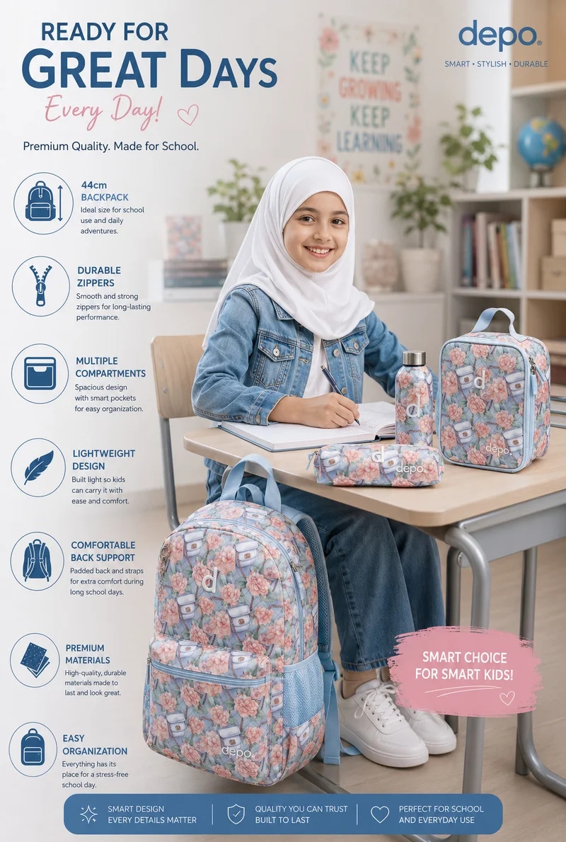 Depo 4-Piece School Backpack Set for Girls – 44cm Backpack with Insulated Lunch Bag, Pencil Case & 500ml Stainless Steel Water Bottle – Floral Design