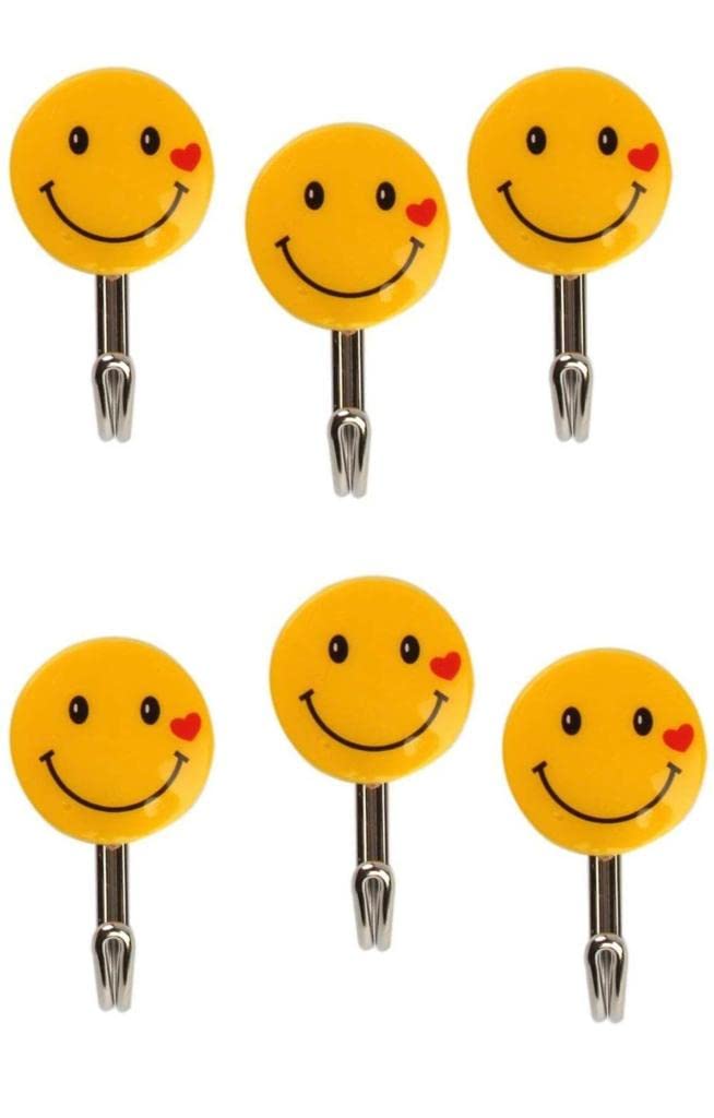CELLEBII® Self Adhesive Smiley Wall Steel Hooks Strong Wall Sticker Holder Door Hanger Hook (Pack of 6) - Image 1