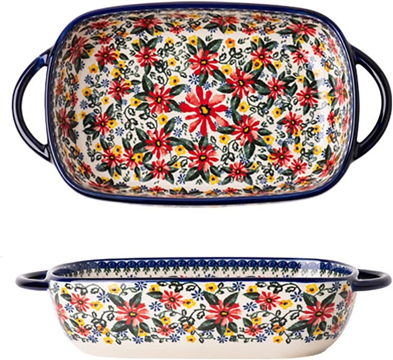 Bicuzat Red Daisy Flower Vintage Style Ceramic Bakeware Casserole Dish Baking Pan Lasagna Pans Baking Dish with Handles for Oven/Cooking/Kitchen-1 PCS, 22 OZ - Image 1