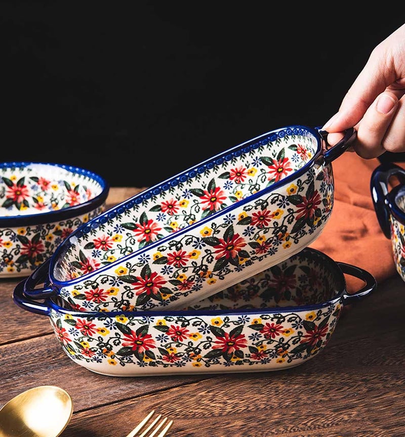 Bicuzat Red Daisy Flower Vintage Style Ceramic Bakeware Casserole Dish Baking Pan Lasagna Pans Baking Dish with Handles for Oven/Cooking/Kitchen-1 PCS, 22 OZ - Image 5