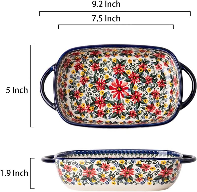 Bicuzat Red Daisy Flower Vintage Style Ceramic Bakeware Casserole Dish Baking Pan Lasagna Pans Baking Dish with Handles for Oven/Cooking/Kitchen-1 PCS, 22 OZ - Image 2